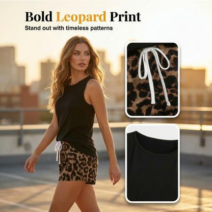 👕50 % RABATT! ✨ Set med linne och leopardmönstrade shorts för dam – avslappnat, djärvt, snyggt 🐆