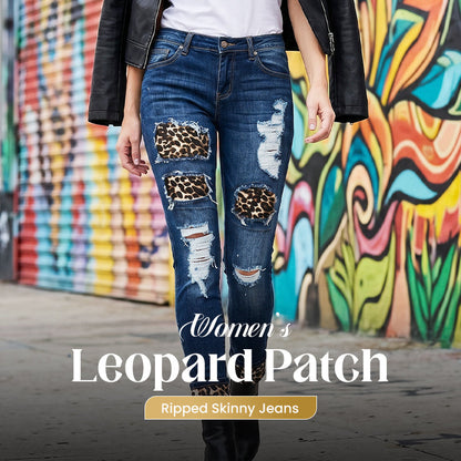 Skinny-jeans för dam med leopardmönster och slitningar