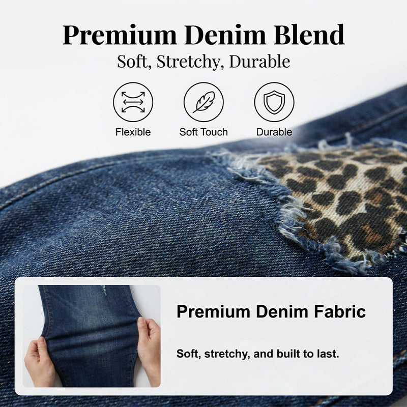 Skinny-jeans för dam med leopardmönster och slitningar