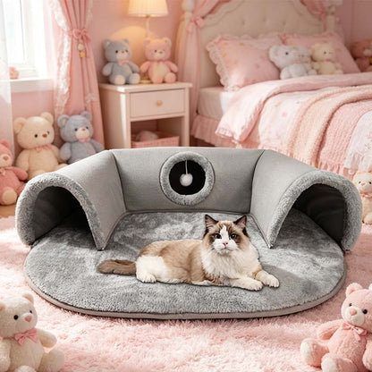 🐱 60% RABATT! 🛏️ Plysch 2-i-1 kattunnelsäng – Hopfällbar, reptålig & mysig – Kombinerar gömtunnel med mjuk sovmatta – perfekt för lek, vila & lurpassning 🐾