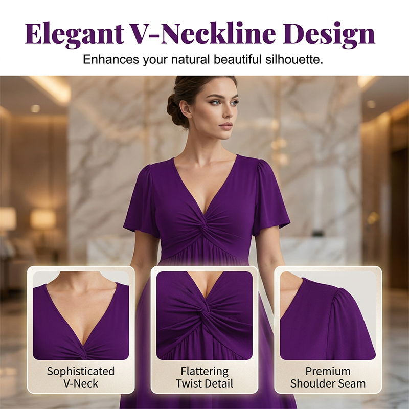 Elegant V-ringad klänning med vriden front och fickor