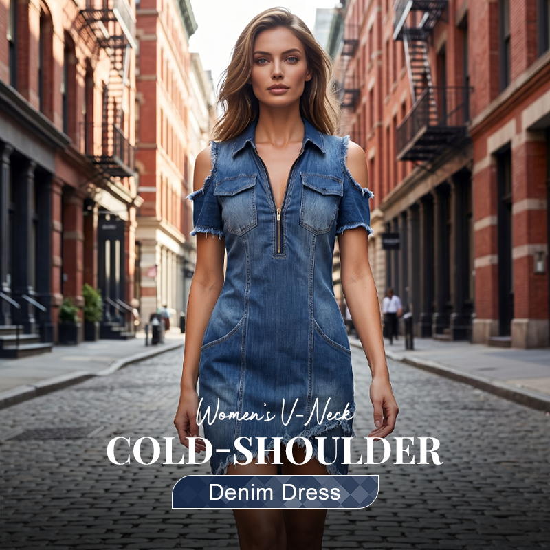 🔥50% RABATT NU!!🔥👖Dammklänning i denim med V-ringning och bar axel