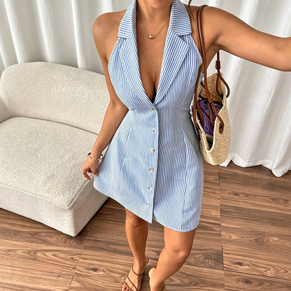 👗 60 % RABATT NU! 🌊 Damklänning med halterneck och ränder – Bar rygg, A-linjeformad & kavajkrage – En sommar-chic favorit ☀️