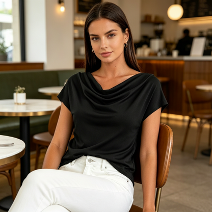 👚 50% RABATT NU! 🌊 Damtröja med Vattenfallsringning – Mjukt Blandtyg, Eleganta Kapärmar & Feminin Stil – Perfekt För Dag Eller Kväll ✨