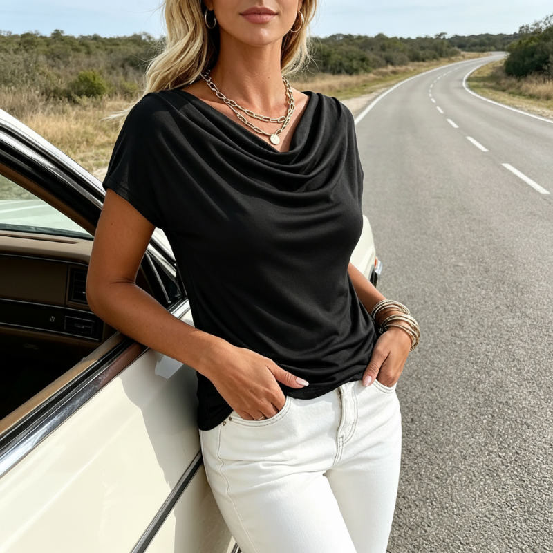 👚 50% RABATT NU! 🌊 Damtröja med Vattenfallsringning – Mjukt Blandtyg, Eleganta Kapärmar & Feminin Stil – Perfekt För Dag Eller Kväll ✨