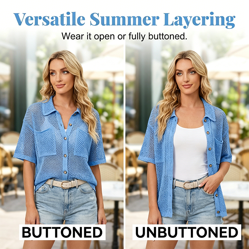 👚 50% RABATT NU!🌬️ Kortärmad Stickad Knappskjorta – Andningsbar Vävnad & Relaxad Passform – Sommarlager ☀️