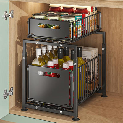 💪🫙 BLIXTREA 50%! Dubbelt Utdragbart Skåpställ – 5 Justerbara Höjder, 2 Hyllplan, Kolstål, Stor Kapacitet, Ingen Installation Krävs ✨