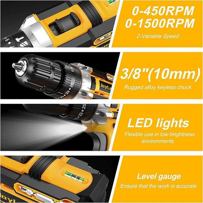 🔥 50% RABATT på utvalda produkter🎉Sladdlös skruvdragare 21V, batteriborrset, sladdlös borrmaskin med 45Nm vridmoment, 25 + 3 momentinställningar, 2 hastigheter, 2 batterier, LED-ljus, 10 mm borrchuck, gör-det-själv borr för hemmet