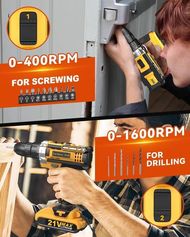 🔥 50% RABATT på utvalda produkter🎉Sladdlös skruvdragare 21V, batteriborrset, sladdlös borrmaskin med 45Nm vridmoment, 25 + 3 momentinställningar, 2 hastigheter, 2 batterier, LED-ljus, 10 mm borrchuck, gör-det-själv borr för hemmet
