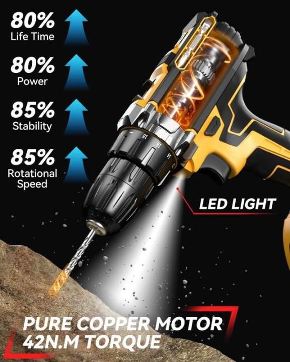 🔥 50% RABATT på utvalda produkter🎉Sladdlös skruvdragare 21V, batteriborrset, sladdlös borrmaskin med 45Nm vridmoment, 25 + 3 momentinställningar, 2 hastigheter, 2 batterier, LED-ljus, 10 mm borrchuck, gör-det-själv borr för hemmet