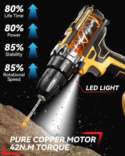 🔥 50% RABATT på utvalda produkter🎉Sladdlös skruvdragare 21V, batteriborrset, sladdlös borrmaskin med 45Nm vridmoment, 25 + 3 momentinställningar, 2 hastigheter, 2 batterier, LED-ljus, 10 mm borrchuck, gör-det-själv borr för hemmet