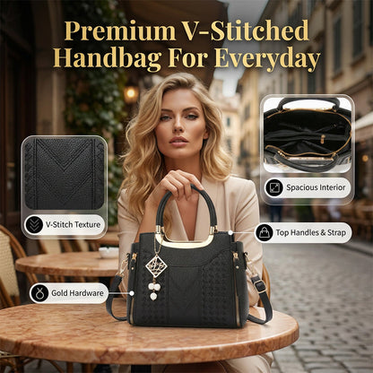 👜 BEGRÄNSAD TID 50% RABATT! ✨ Dam Handväska med Topphandtag – V-Sömnad, Guldbeslag, Flera Fack 🌸