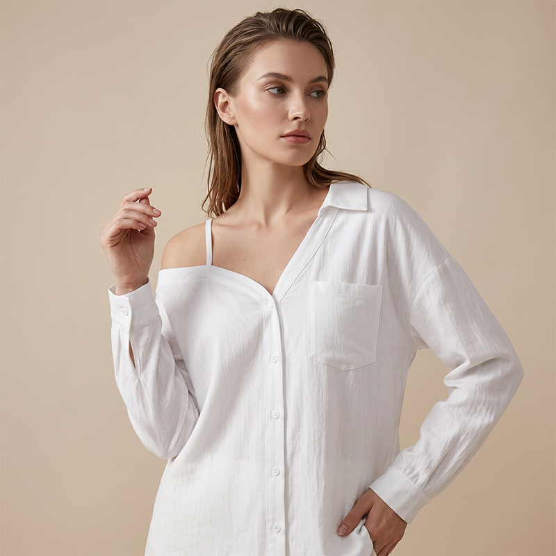 👚 50% RABATT NU! ✨ Kvinnors Off-Shoulder Knäppskjorta – Asymmetrisk, Skrynkeltyg & Lång Ärm – Luftigt, Avslappnat & Chic 💫