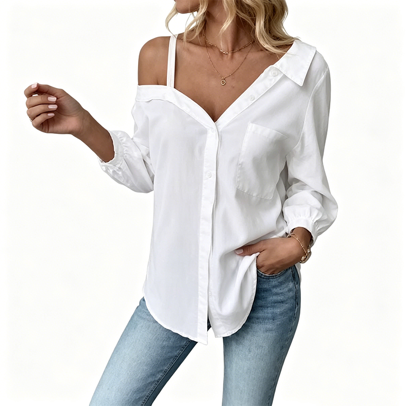 👚 50% RABATT NU! ✨ Kvinnors Off-Shoulder Knäppskjorta – Asymmetrisk, Skrynkeltyg & Lång Ärm – Luftigt, Avslappnat & Chic 💫