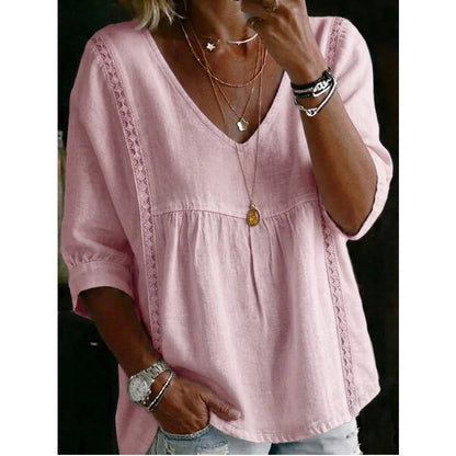 👚 50% RABATT NU! 🕊️ Kvinnors Casual V-ringad Spetskant Topp – Kejsarskuren, Lättvikt & 3/4 Ärmar – Flödande, Andningsbar & Romantisk ✨