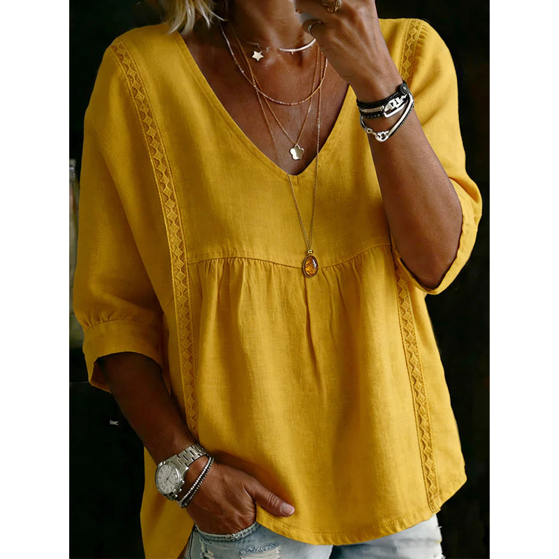 👚 50% RABATT NU! 🕊️ Kvinnors Casual V-ringad Spetskant Topp – Kejsarskuren, Lättvikt & 3/4 Ärmar – Flödande, Andningsbar & Romantisk ✨