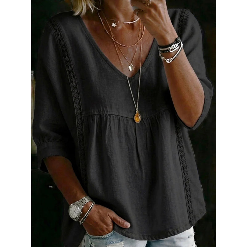 👚 50% RABATT NU! 🕊️ Kvinnors Casual V-ringad Spetskant Topp – Kejsarskuren, Lättvikt & 3/4 Ärmar – Flödande, Andningsbar & Romantisk ✨