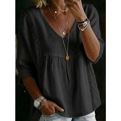 👚 50% RABATT NU! 🕊️ Kvinnors Casual V-ringad Spetskant Topp – Kejsarskuren, Lättvikt & 3/4 Ärmar – Flödande, Andningsbar & Romantisk ✨