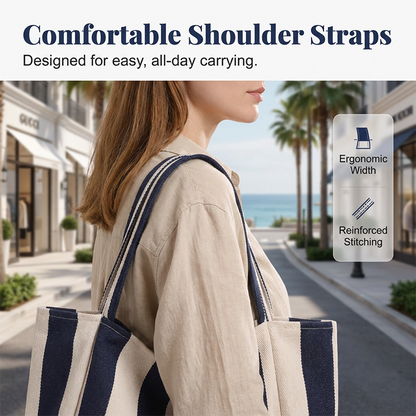 🌸 50 % RABATT NU! 🌸 Klassisk randig strand- & shoppingväska – rymlig, stilren & perfekt för soliga dagar 🏖️🛍️