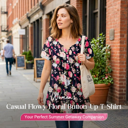 Casual, ledig T-shirt med blommönster och knappar för damer