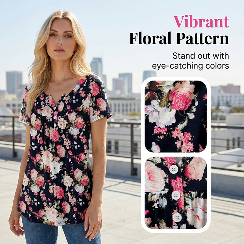 Casual, ledig T-shirt med blommönster och knappar för damer