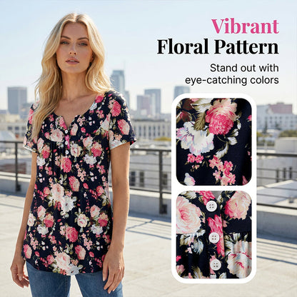 Casual, ledig T-shirt med blommönster och knappar för damer