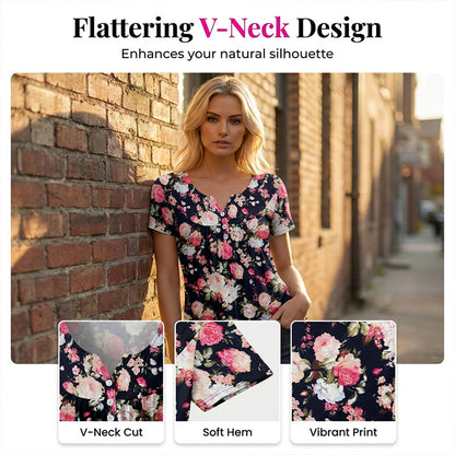Casual, ledig T-shirt med blommönster och knappar för damer