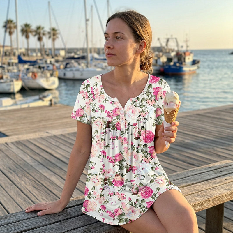 Casual, ledig T-shirt med blommönster och knappar för damer