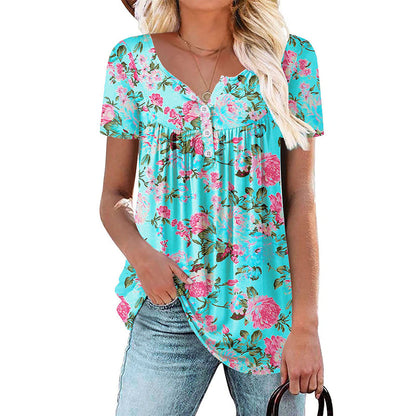 Casual, ledig T-shirt med blommönster och knappar för damer