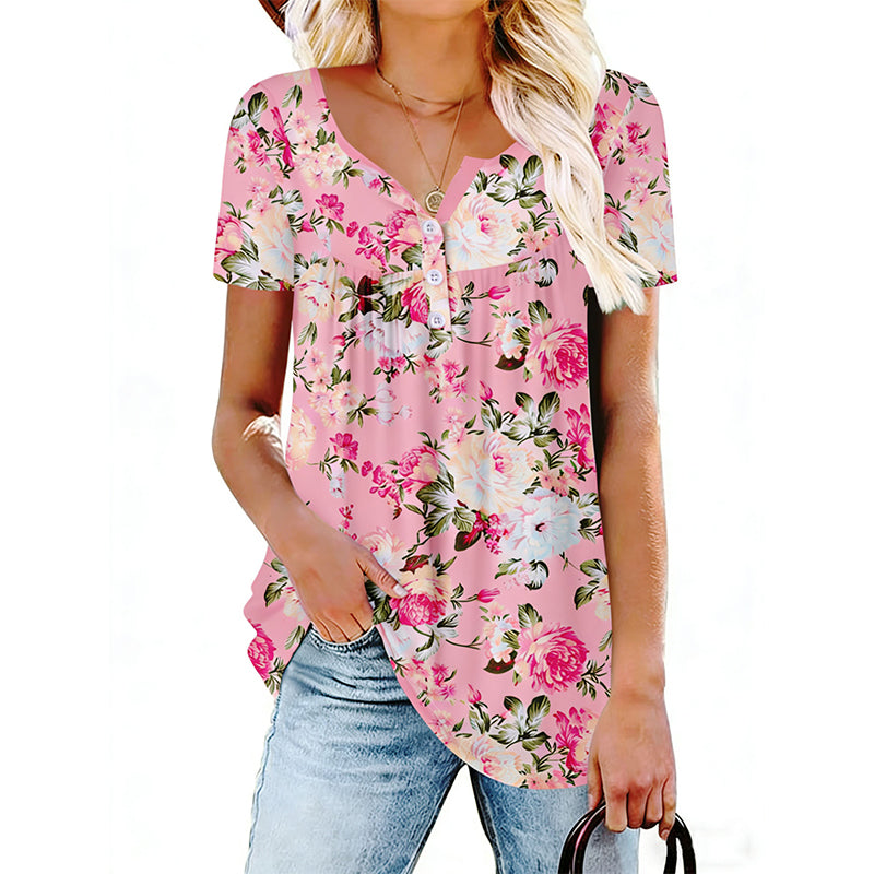 Casual, ledig T-shirt med blommönster och knappar för damer