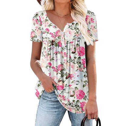 Casual, ledig T-shirt med blommönster och knappar för damer