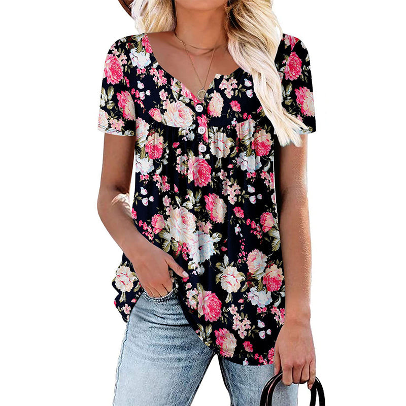 Casual, ledig T-shirt med blommönster och knappar för damer