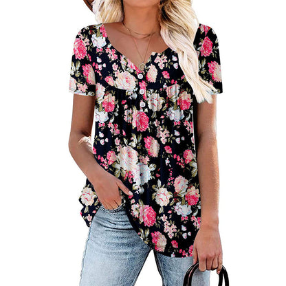 Casual, ledig T-shirt med blommönster och knappar för damer