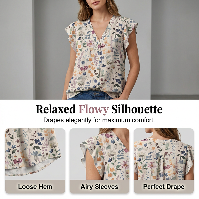 👚 50 % RABATT NU! 🌸 Dam V-ringad blommig knappskjorta – lätt & luftig, avslappnad passform, perfekt för jobb, helg & varma dagar ✨