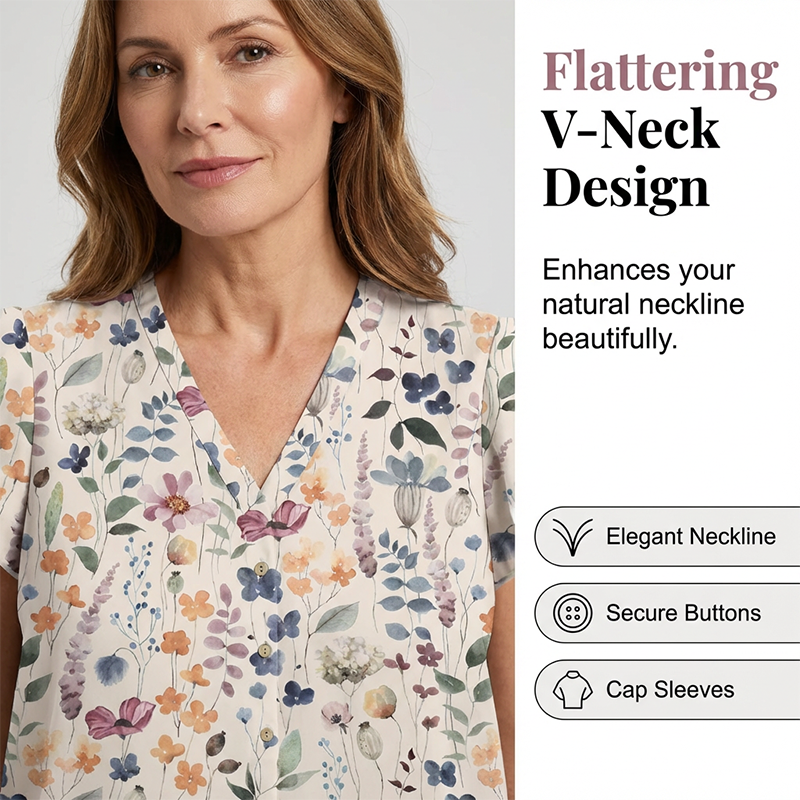 👚 50 % RABATT NU! 🌸 Dam V-ringad blommig knappskjorta – lätt & luftig, avslappnad passform, perfekt för jobb, helg & varma dagar ✨