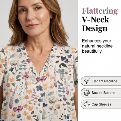 👚 50 % RABATT NU! 🌸 Dam V-ringad blommig knappskjorta – lätt & luftig, avslappnad passform, perfekt för jobb, helg & varma dagar ✨