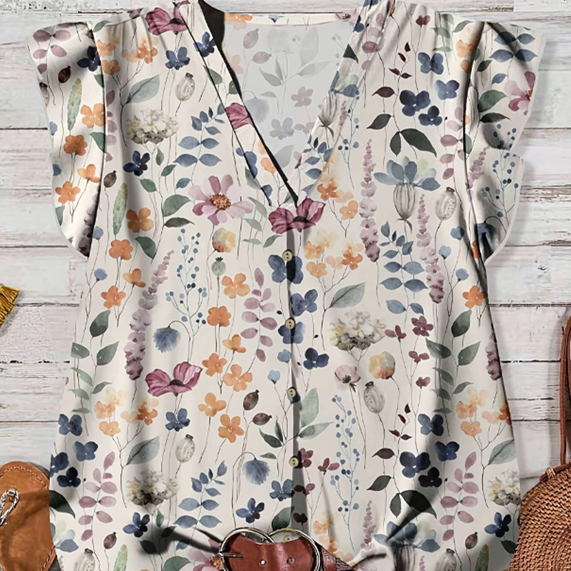 👚 50 % RABATT NU! 🌸 Dam V-ringad blommig knappskjorta – lätt & luftig, avslappnad passform, perfekt för jobb, helg & varma dagar ✨