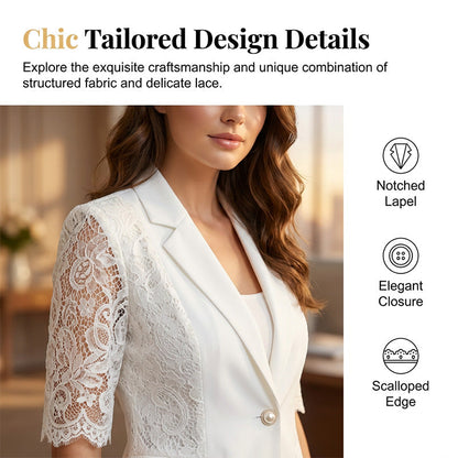 👔 50% RABATT NU! 🌸 Vit Spetsblazer – Slim Fit, 3/4 Ärm & Elegant Övergång – Genomskinliga Blommiga Spetspaneler, Skräddarsydd Silhuett ✨