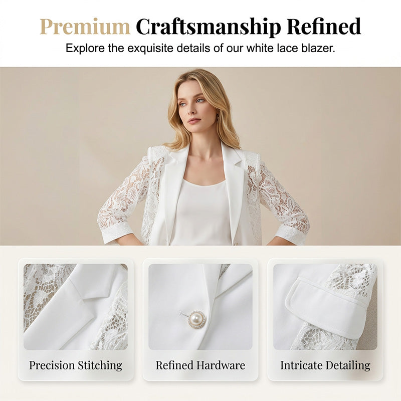 👔 50% RABATT NU! 🌸 Vit Spetsblazer – Slim Fit, 3/4 Ärm & Elegant Övergång – Genomskinliga Blommiga Spetspaneler, Skräddarsydd Silhuett ✨