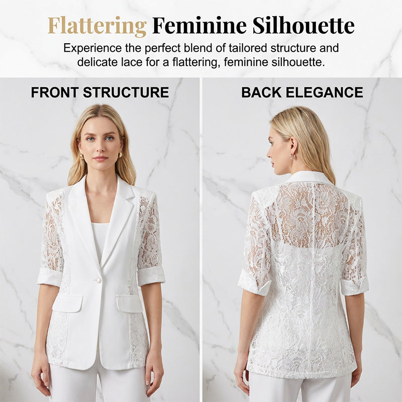 👔 50% RABATT NU! 🌸 Vit Spetsblazer – Slim Fit, 3/4 Ärm & Elegant Övergång – Genomskinliga Blommiga Spetspaneler, Skräddarsydd Silhuett ✨