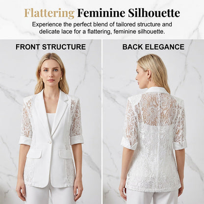 👔 50% RABATT NU! 🌸 Vit Spetsblazer – Slim Fit, 3/4 Ärm & Elegant Övergång – Genomskinliga Blommiga Spetspaneler, Skräddarsydd Silhuett ✨