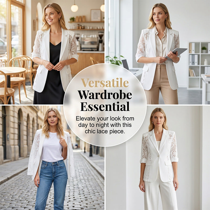 👔 50% RABATT NU! 🌸 Vit Spetsblazer – Slim Fit, 3/4 Ärm & Elegant Övergång – Genomskinliga Blommiga Spetspaneler, Skräddarsydd Silhuett ✨