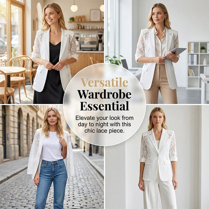 👔 50% RABATT NU! 🌸 Vit Spetsblazer – Slim Fit, 3/4 Ärm & Elegant Övergång – Genomskinliga Blommiga Spetspaneler, Skräddarsydd Silhuett ✨