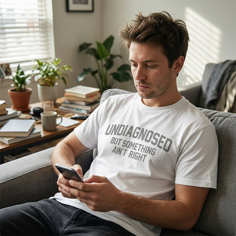 👕 50% RABATT! 😄 Rolig t-shirt med "Undiagnosed"-slogan – Kvick, mjuk & perfekt samtalsstartare – Bomullskvalitet, avslappnad passform – idealisk för vardag eller som gåva 🎤