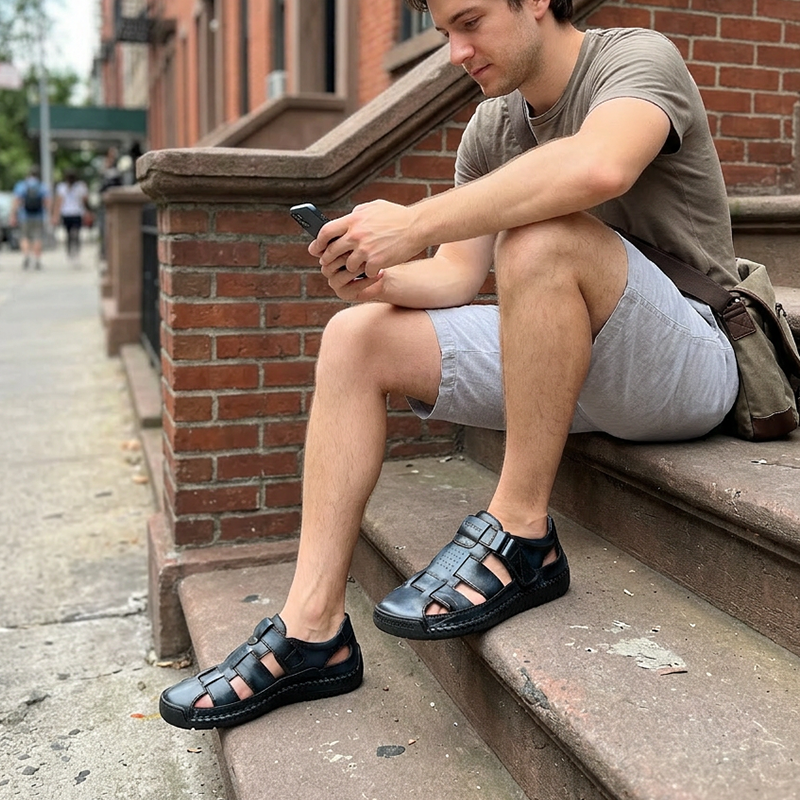 👞 BEGRÄNSAD TID 50% RABATT! ✨ Herr Stängd Tå Strandsandaler – Andningsbara, Kudädade, Kardborreband 🌊