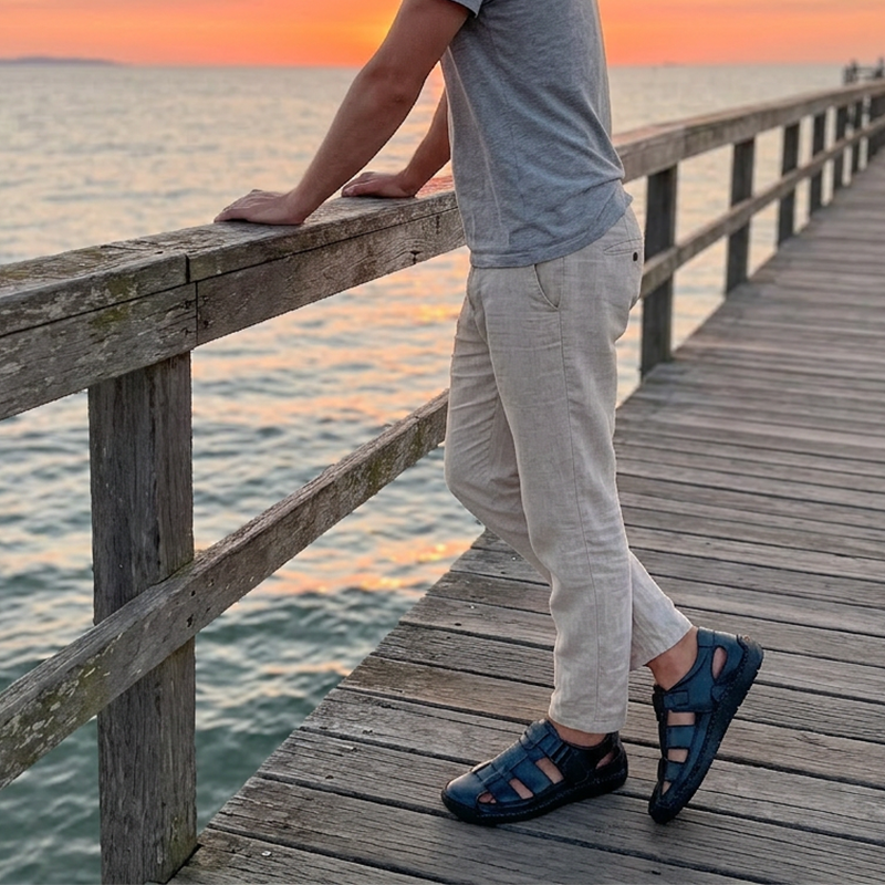 👞 BEGRÄNSAD TID 50% RABATT! ✨ Herr Stängd Tå Strandsandaler – Andningsbara, Kudädade, Kardborreband 🌊