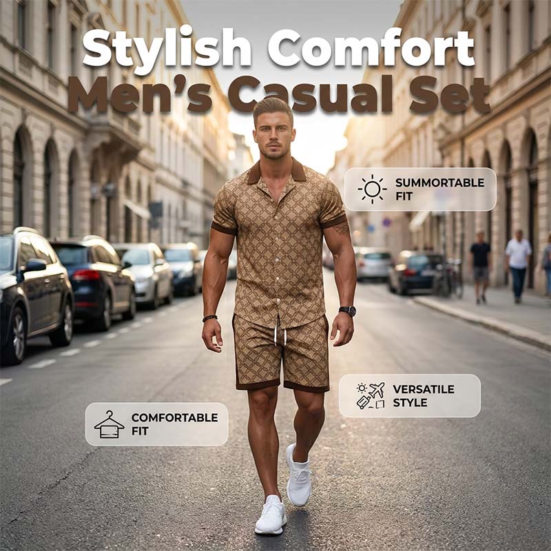 ☀️👕 Tryckt sommarset i två delar för herr – casual topp och shorts i slim fit