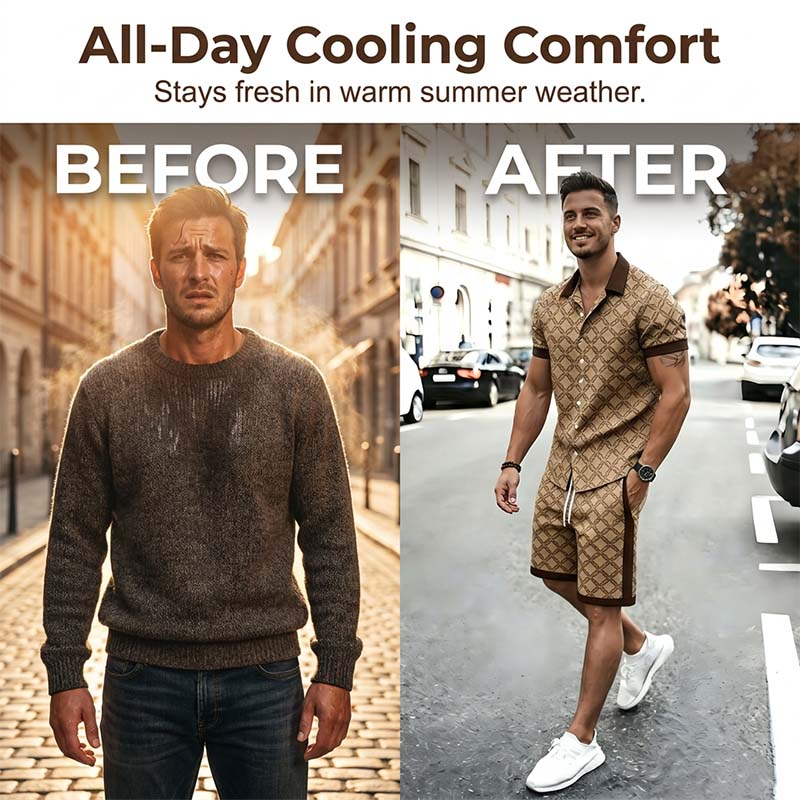 ☀️👕 Tryckt sommarset i två delar för herr – casual topp och shorts i slim fit