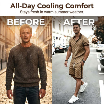 ☀️👕 Tryckt sommarset i två delar för herr – casual topp och shorts i slim fit