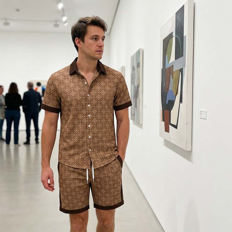 ☀️👕 Tryckt sommarset i två delar för herr – casual topp och shorts i slim fit
